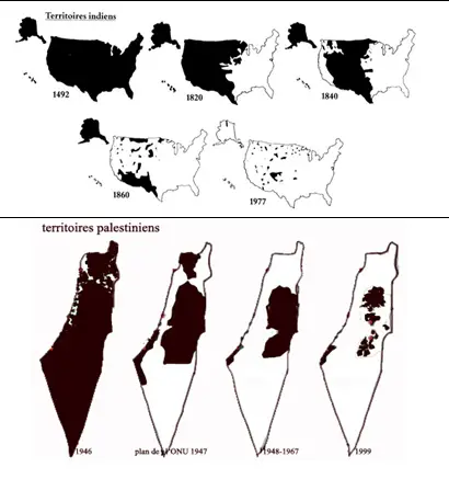 carte comparant le massacre des indiens avec le massacre des palestiniens au fil du temps